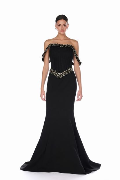Siyah Korse Formlu Balık Model Abiye Elbise